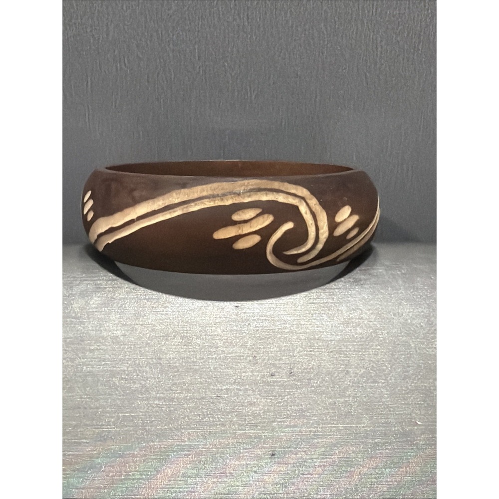 Brown Carved Wood Bangle Bracelet 8" Wide Tribal Boho Statement